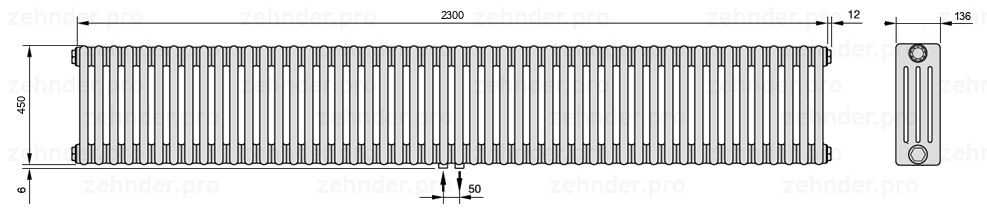 Схема (чертеж) Радиатор Zehnder Charleston 4045/50 №3470 Белый глянцевый RAL 9016